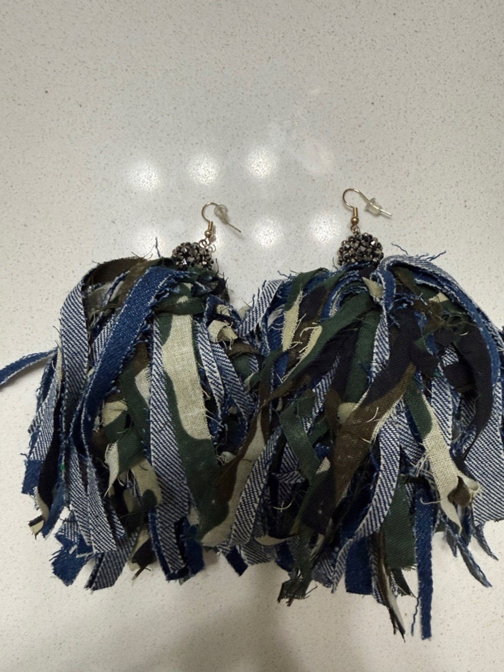 Fringed Fabric Tassel Drop Earrings - Blue & Green
